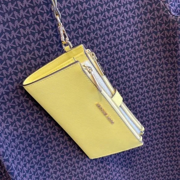 Michael Kors Jet Set Travel Large Double Zip Leather Wristlet Sunshine Yellow - Picture 1 of 16